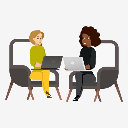 Two Woman Sitting on Armchair Working on Laptop. Business Coworking Process. Female Character with Computer in Chair Make Conversation Work Together. Cartoon Flat Vector Illustration